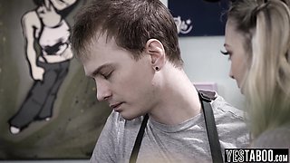 Blond hair babe barista fucks cheating BF in cafe