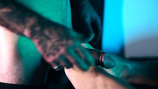 Busty brunette foot fetish and footjob in nylons