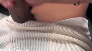 Handjob amateur MILF in lingerie cumshot after tugging cock