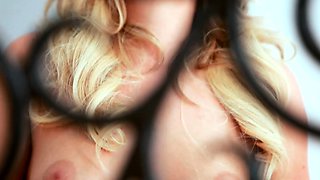 Busty blonde babe goes crazy jerking