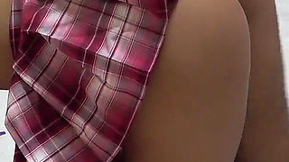 Micro Mini Skirt, Short Student Uniform, Thong G-string Panties, Busty Tanned Japanese Girl's Sexy Exercise to Tone up Body