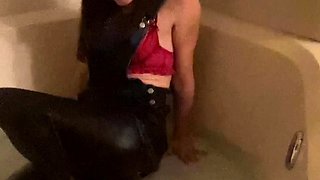 Busty curly brunette with big boobs fucks on couch