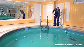 Stunning teenage glory has some fun with the old pool dude