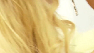 Blonde Nurse in Red Lingerie Sucks and Rides a Tattooed Stud on White Satin