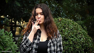 Sweet and Busty Russian Babe Smoking Cigarette in Nature