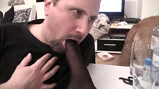 Feet in pantyhose stuffed in slave's mouth