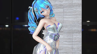 Miku-up and Down Evening Gown Striptease, Huge Breasts, Shaved Pussy, White Stockings, Striptease, K-pop Dance, Big Boobs