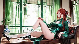Red Hair & Emerald Qipao! Lazy Seduction in the Eastern Courtyard