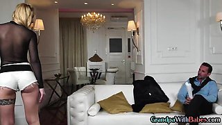 Deepthroating babe in heels sucks and rides mature cock