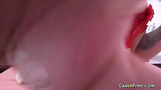 Big Tits Lesbian Shoves Toy Into Dripping Pussy