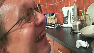 Beautiful teen fucked by grandpa and grandma in the kitchen