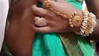 Indian Crossdresser Bottom Gaurisissy Pressing and Playing with Her Big Boobs in Blue Saree Real Homemade Sex