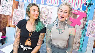 Inked sluts dual fellatio then rectal fuck tattoo sesh finishes with sperm covering new leg ink