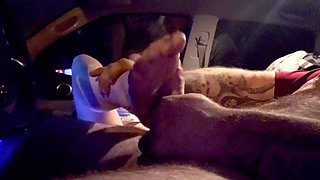 Redhead gives amazing blowjob and foot job to BWC IN CAR AT NIGHT