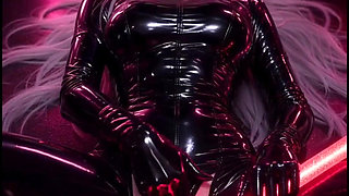 Anime Bondage, White Hair, Black Latex Red Ropes