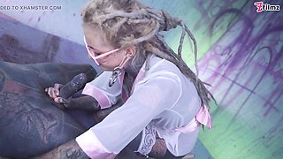 Tattood Girl with Glasses and Buttplug Fucks a Tattooed Dick, DP, Facial