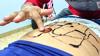 BDSM Hand Tied and Licking Chocolate From Navel Hole