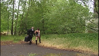 Wild BDSM Slave Licks Bowl in Leather and Fishnets