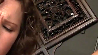 Pretty Katie does footjob with huge cock and sucks it hard