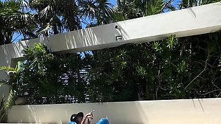 Big tittied Latina MILF housewife sunbathing by the pool