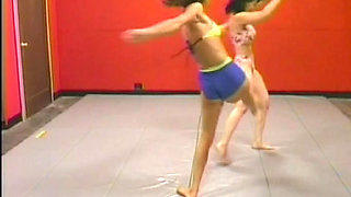 Astonishing French babes are sharing dildo on the wrestling floor