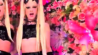 Chubby big tits shemale jerking her big cock