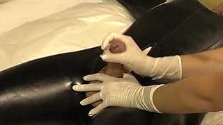 Doctor latex Danielle tests his sperm