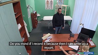 Blonda nurse in full uniform bangs her recent patient - fake medical center