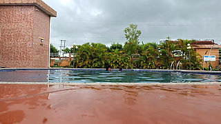 Sperm Floating in the Pool, Hard Sex in the Water, Double Orgasm