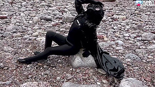 Gas Mask Goddess - Rubber Wetsuit & Pvc Mac Beach Tease