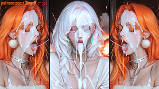 Anime characters get their faces thoroughly covered in cum.