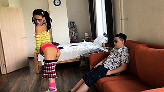 Hot schoolgirl fucked a nerdy classmate.