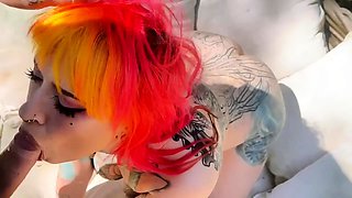 Gothsluts in full makeup sucks cock in garden and swallows