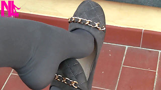 Dangling in Grey Pantyhose and Ballet Flats with Chains