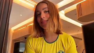 POV fuck with my redhead Latina busty friend in football uniform instead of watching a game