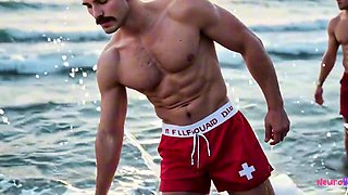 Malibu gay lifeguards fuck hard on beach sand