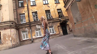 A Blonde Hottie Flashes and Pisses on the Street Before Going DP Threesome with Two Horny Hunks