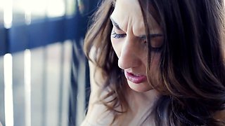 Two naughty brunette lesbian teens masturbating with dildos