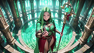 Under the Ethereal Blue Glow of a Gothic Cathedral, She Kneels with Her Staff, Eyes Locked on You.