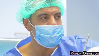 Slutty nurse fucked by lusty doctor in pussy in medical room
