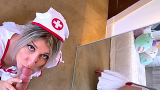 Kinky blonde with shaved copher gives blowjob in POV