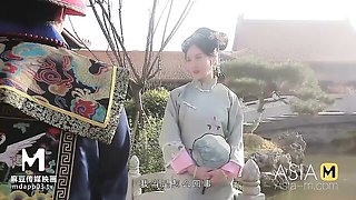 An Asian brunette Cixi is sucking a big loaded dick down on the knees