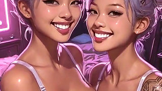 Cyberpunk Lesbians Tongue and Kiss Fetish, Ai Animation