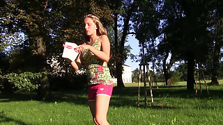 Passionate horny teen smashing clitoris until cums hard in forest