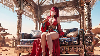 Red Queen in the Desert! Lazy Afternoon in the Golden Palace, Backless Dress slightly damp.