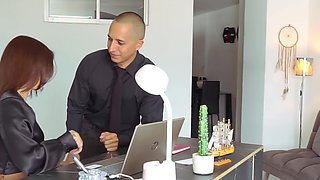 Hot Latina redhead secretary getting fucked on an office desk in ripped pantyhose