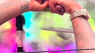 Hot blonde strokes and sucks black cock in glory hole