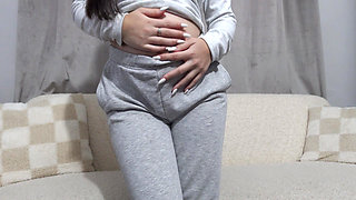 My pregnant Indian MILF wife masturbates in leggings then does camel toe in pink panties and orgasms