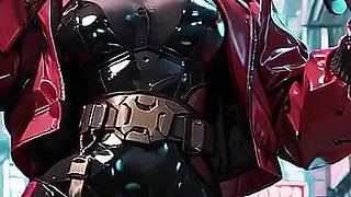 Red Leather Jacket Glistening Under Neon Rain, Kneeling Pose That Breaks the Armor