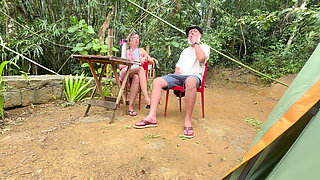 Naughty woman gives a blowjob and rides a stranger at the campsite.